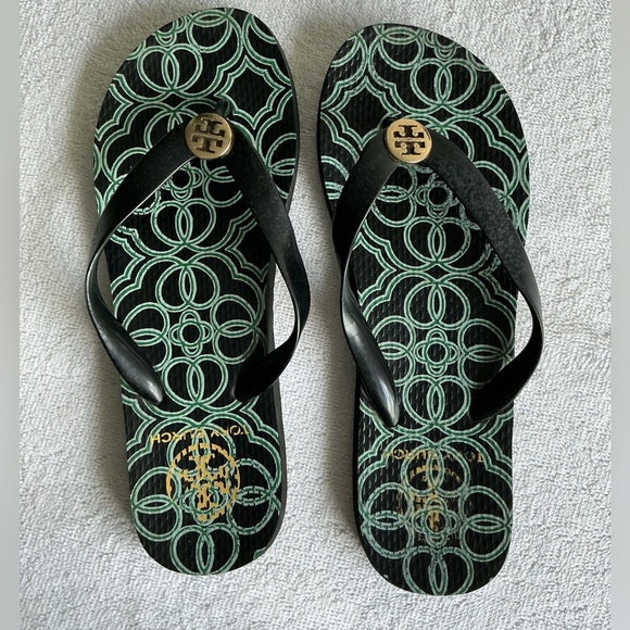 Tory Burch Black and Mint Patterned Sandals - Picture 1 of 5